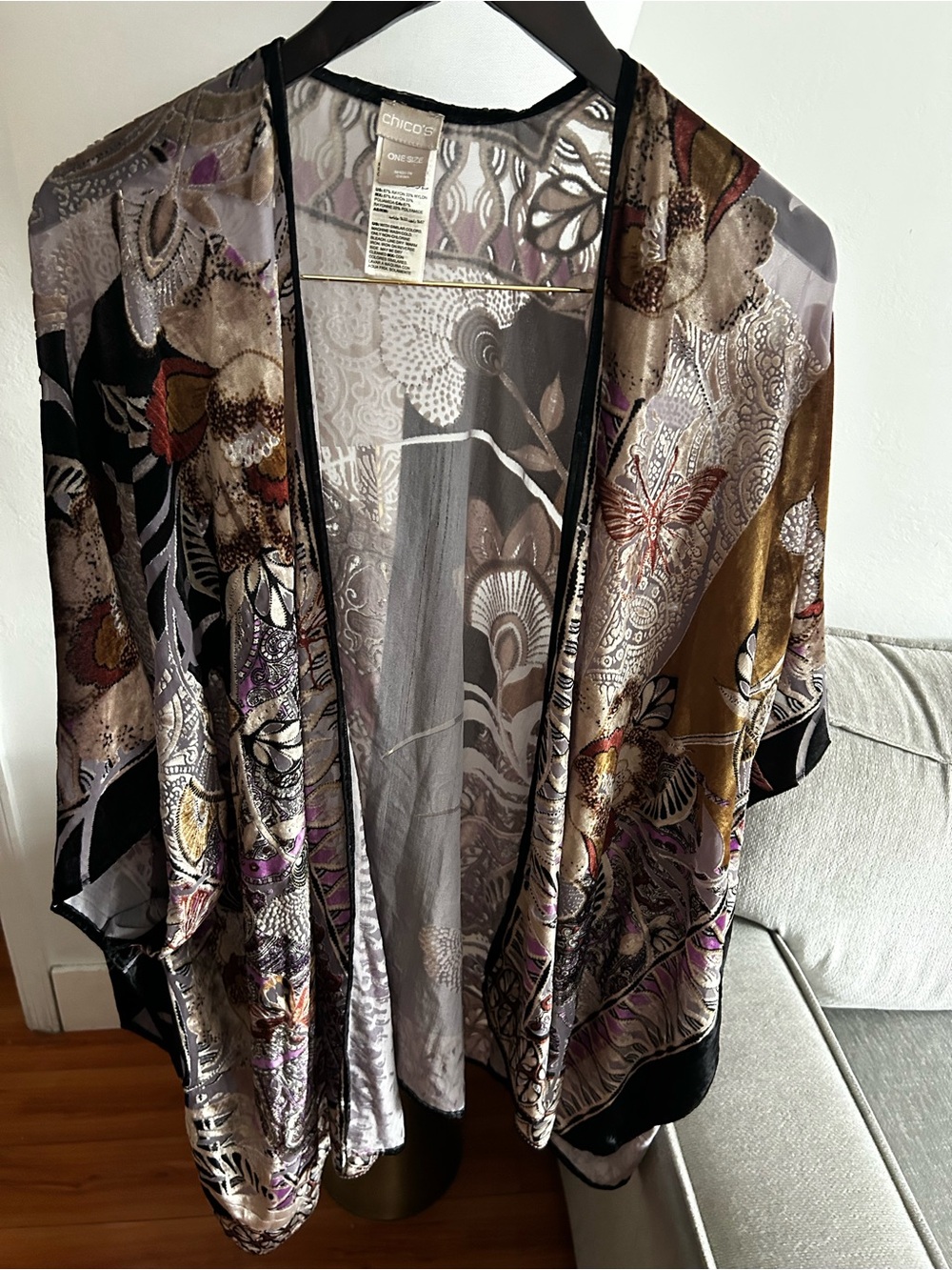 Chicos Velvet Burnout Kimono Whimsigoth Boho Artsy One Size Fairly Grunge Open